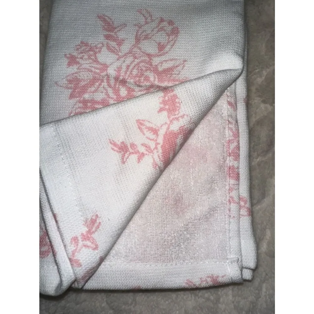 FH Easter Bunny Floral Toile White Pink Cotton Lyocell Blend Tea Kitchen Towels